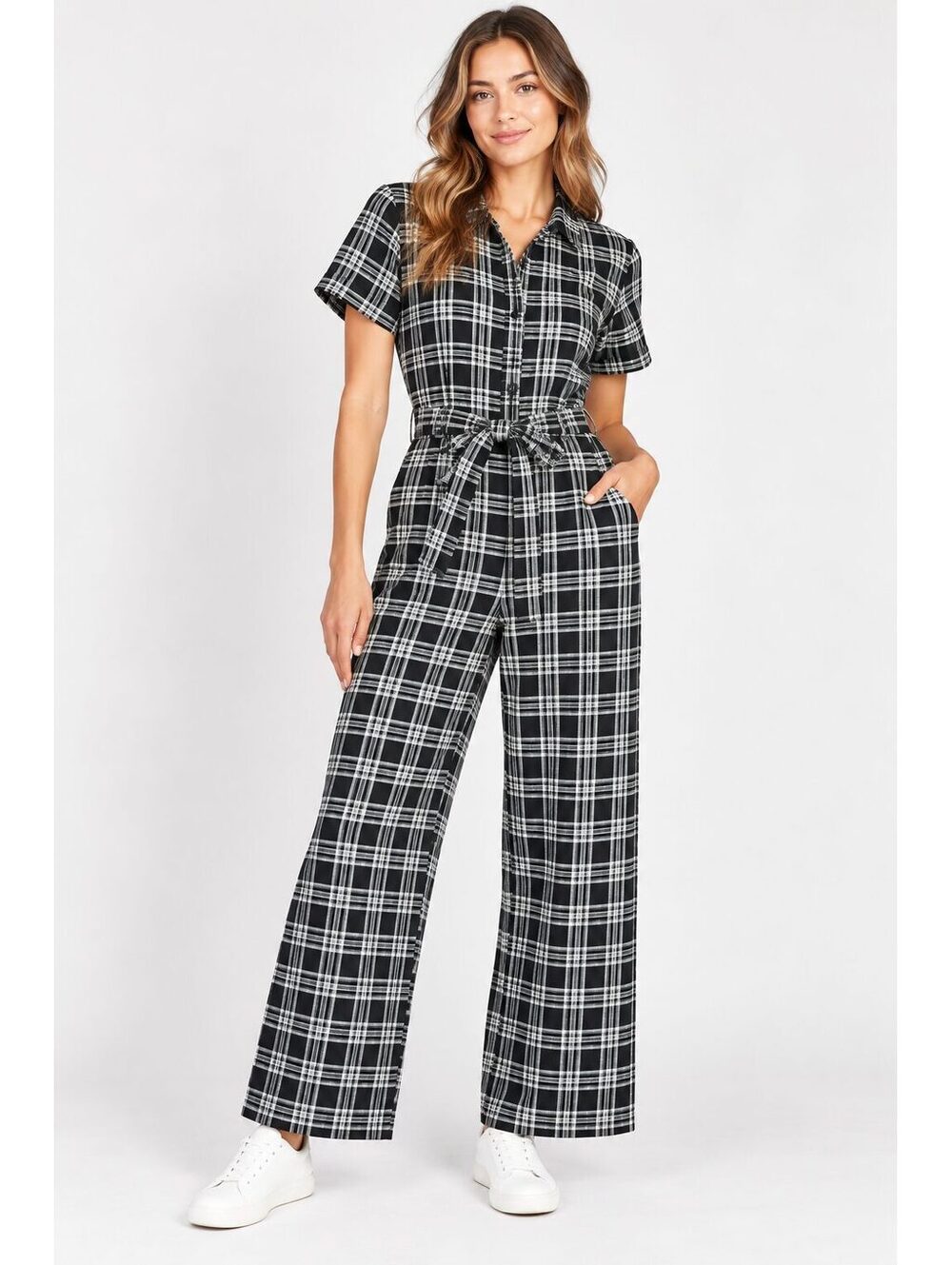 Monki Black White Plaid Belted Wide Leg Jumpsuit Short Sleeve Size S